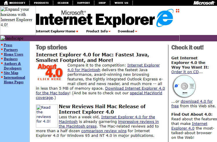 A screenshot of the Internet Explorer 4 website